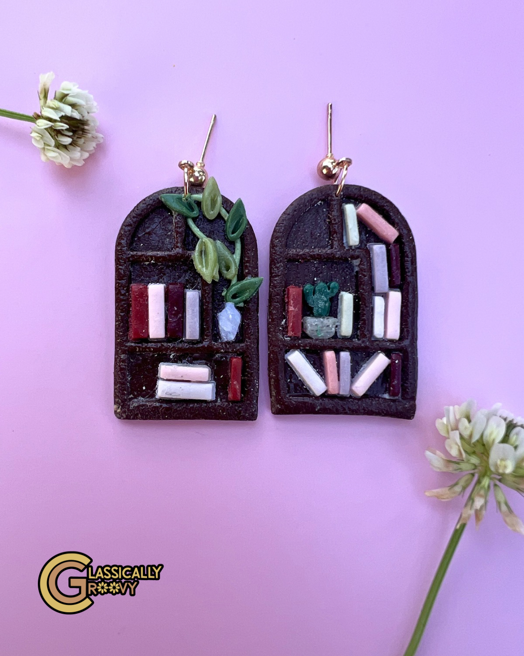 Pink Cottage Bookshelf Earrings