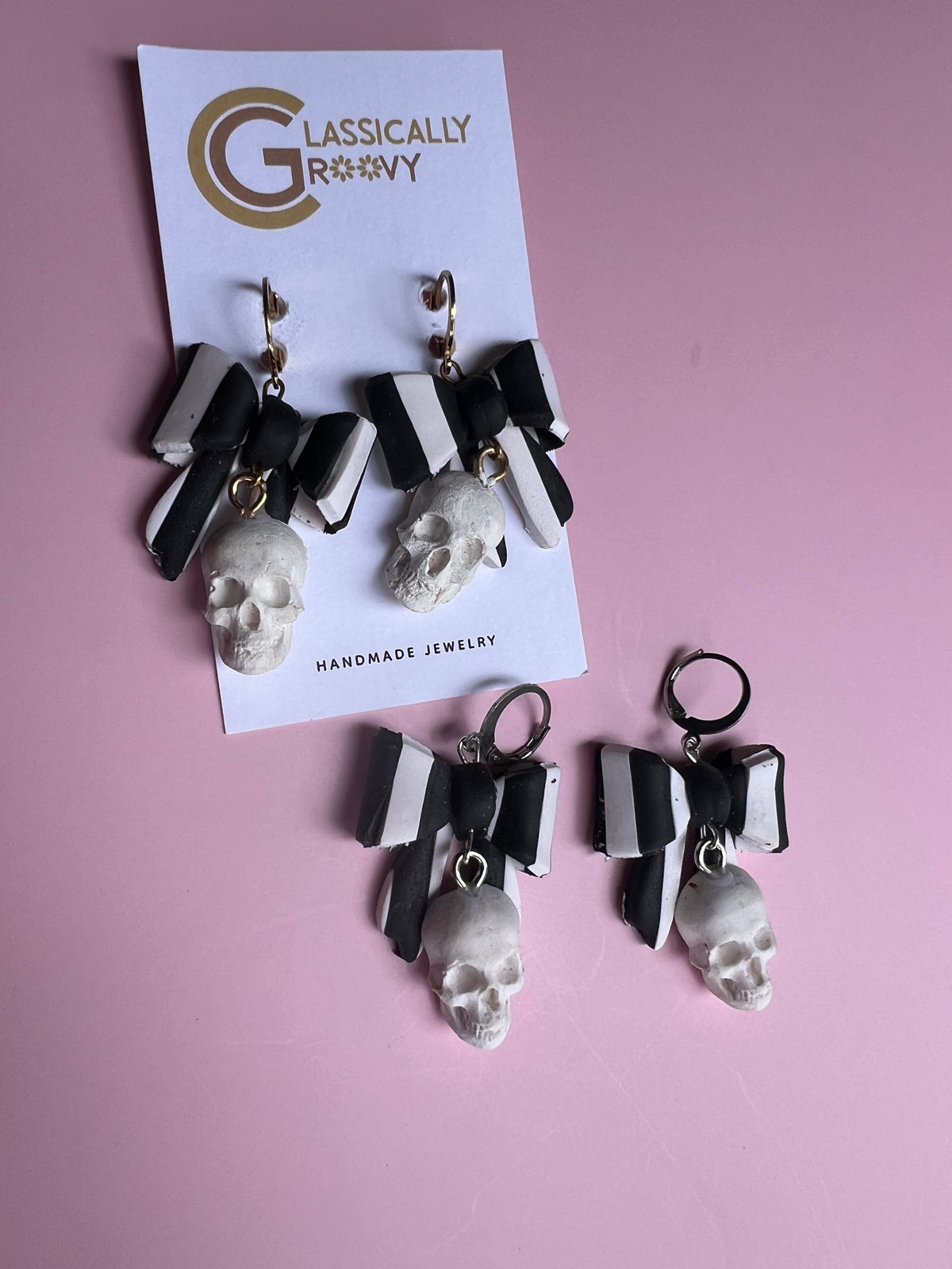 Striped Bow Skull Earrings