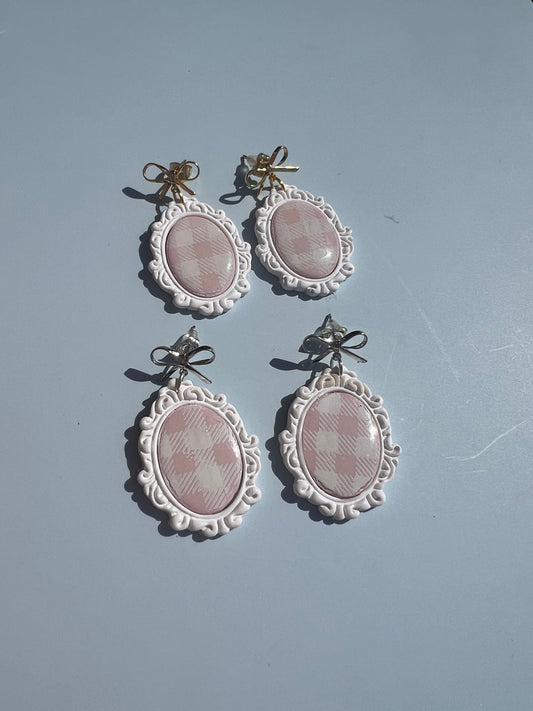 Pink,Plaid Frame Earrings