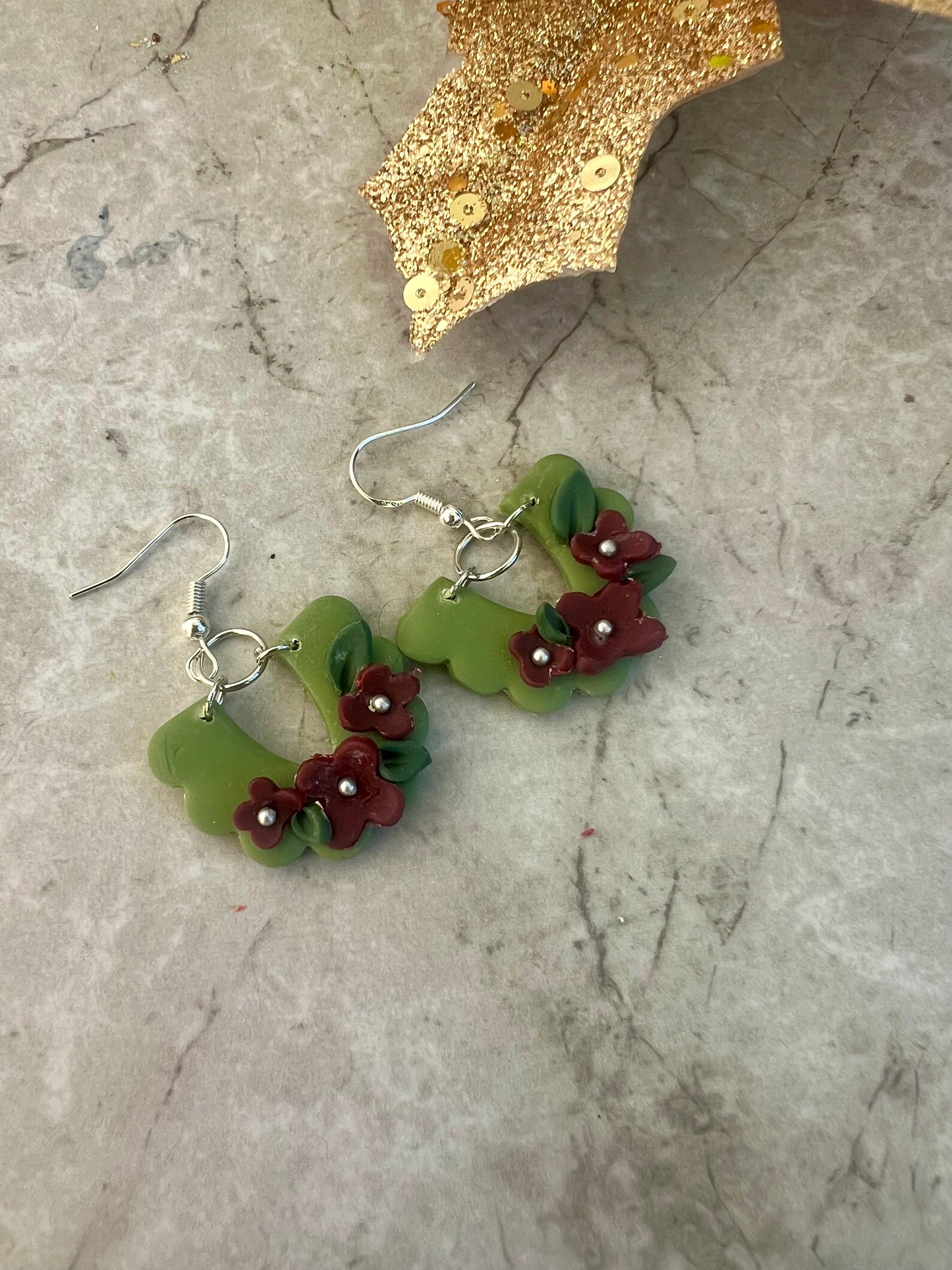 Green/ Burgundy Scalloped Earrings