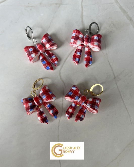 Red,White& Blue Plaid Bow Earrings