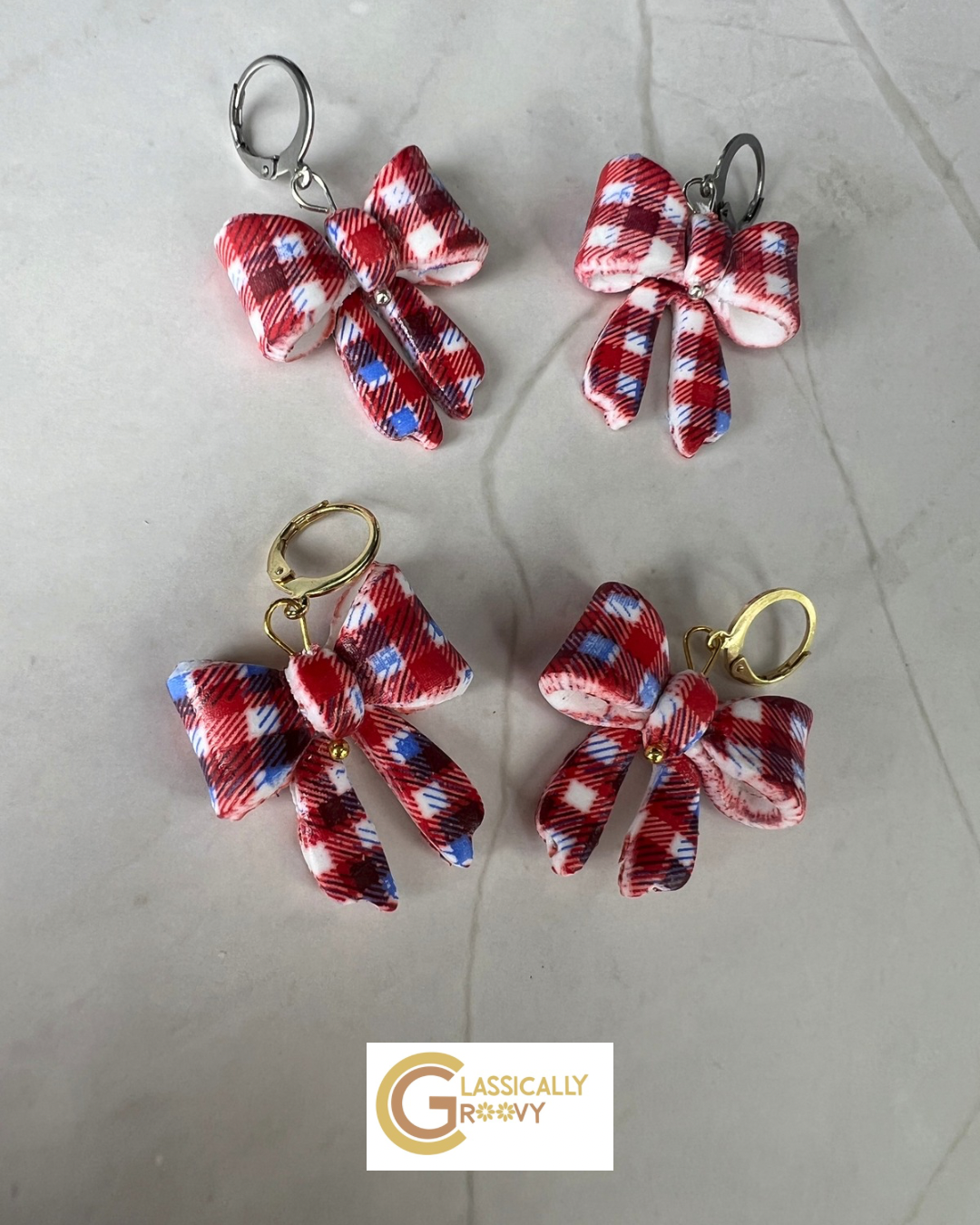 Red,White& Blue Plaid Bow Earrings