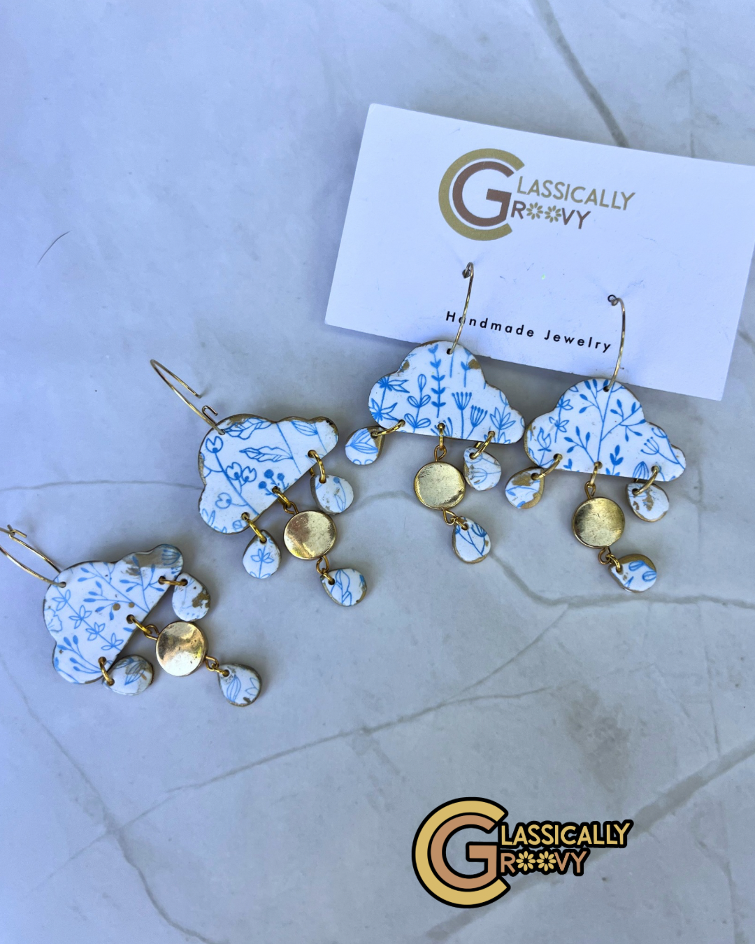 “Porcelain” Rain Cloud Hoop Earrings