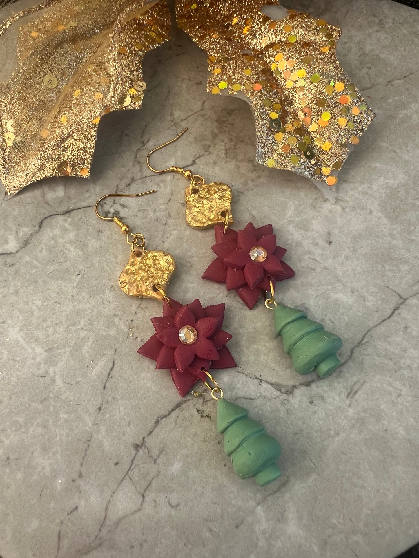 Poinsettia & Tree Dangle Earring